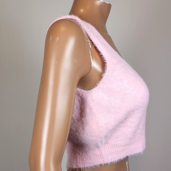 Pieces Pink Fuzzy Knit Crop Top Sleeveless Tank Faux Fur Barbie ASOS Size XL - Picture 7 of 9